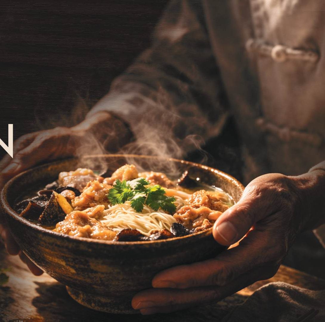 A steaming bowl of Hakka noodles held in two hands