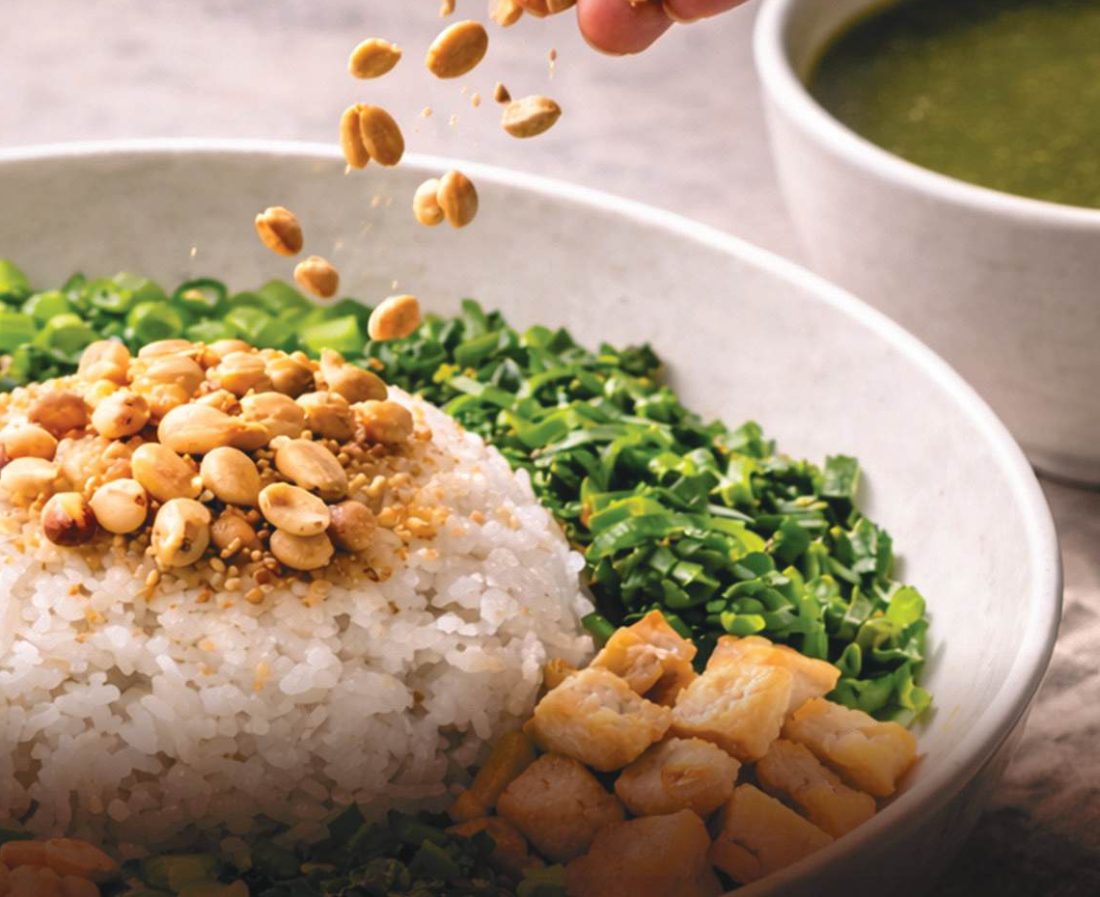 Lei cha rice bowl with greens and grains
