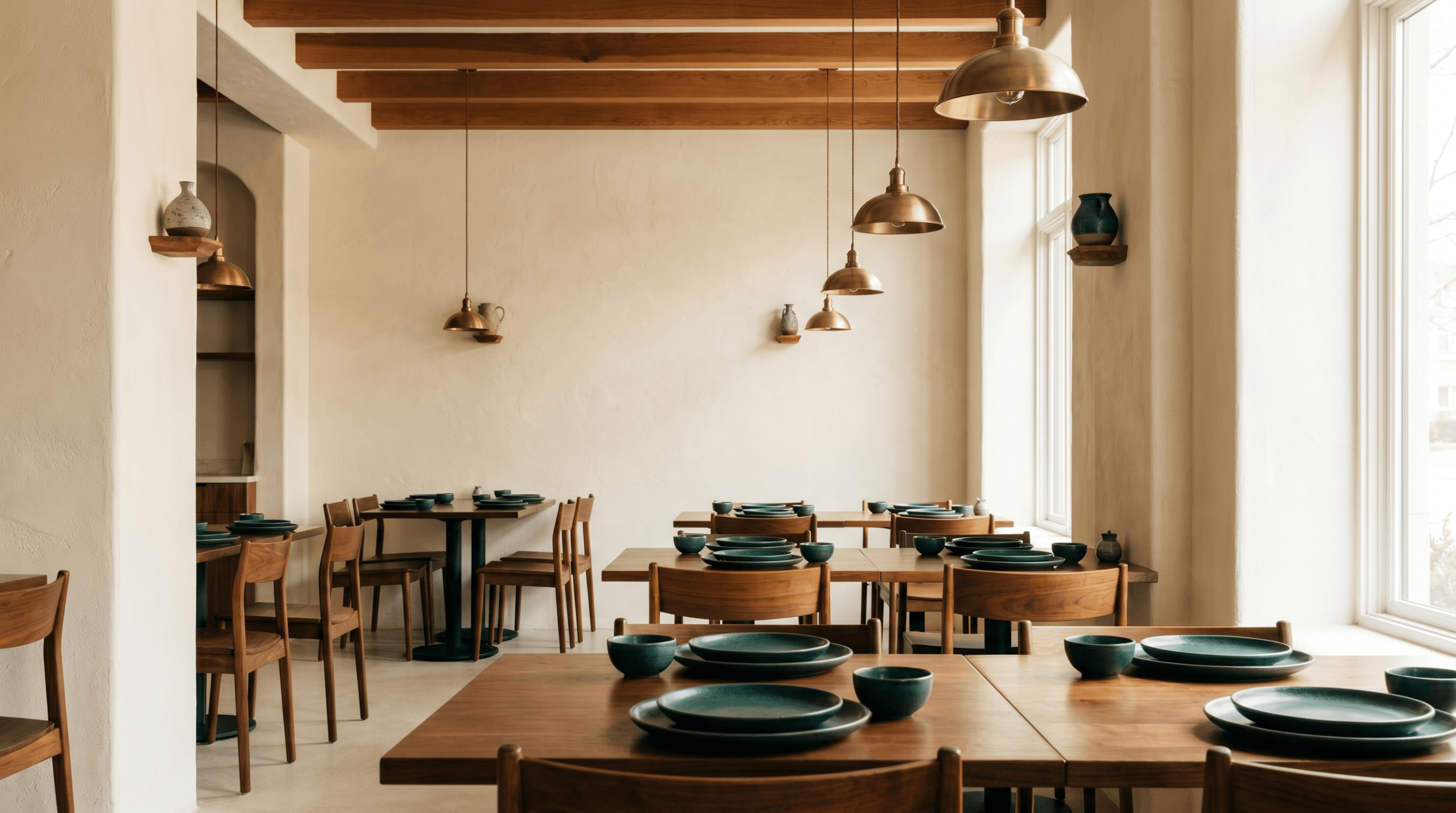 A bright modern Hakshan restaurant dining room interior with wooden tables, teal ceramics and large daylit windows