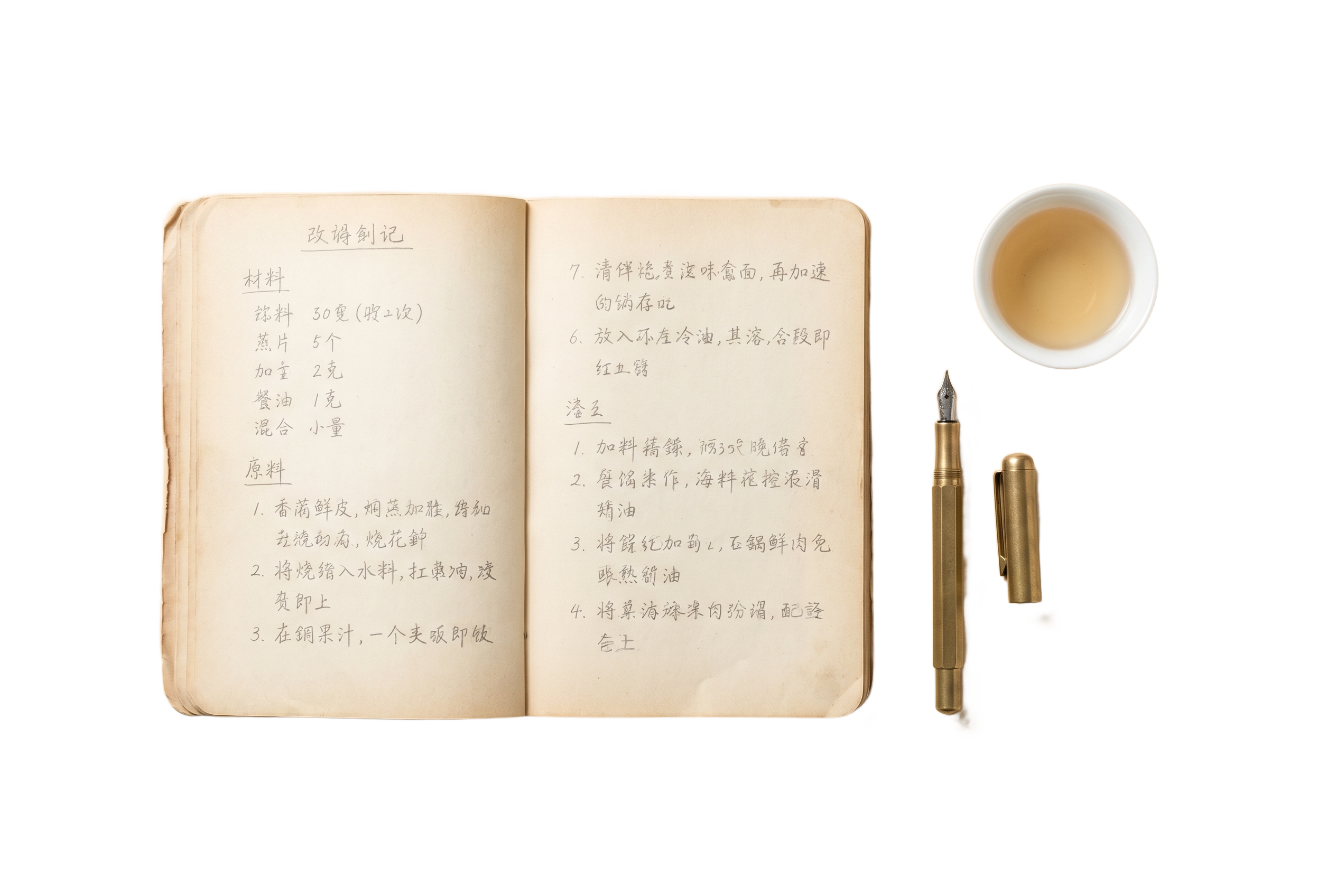 An open Hakka recipe notebook with handwritten Chinese characters, a fountain pen and a porcelain teacup