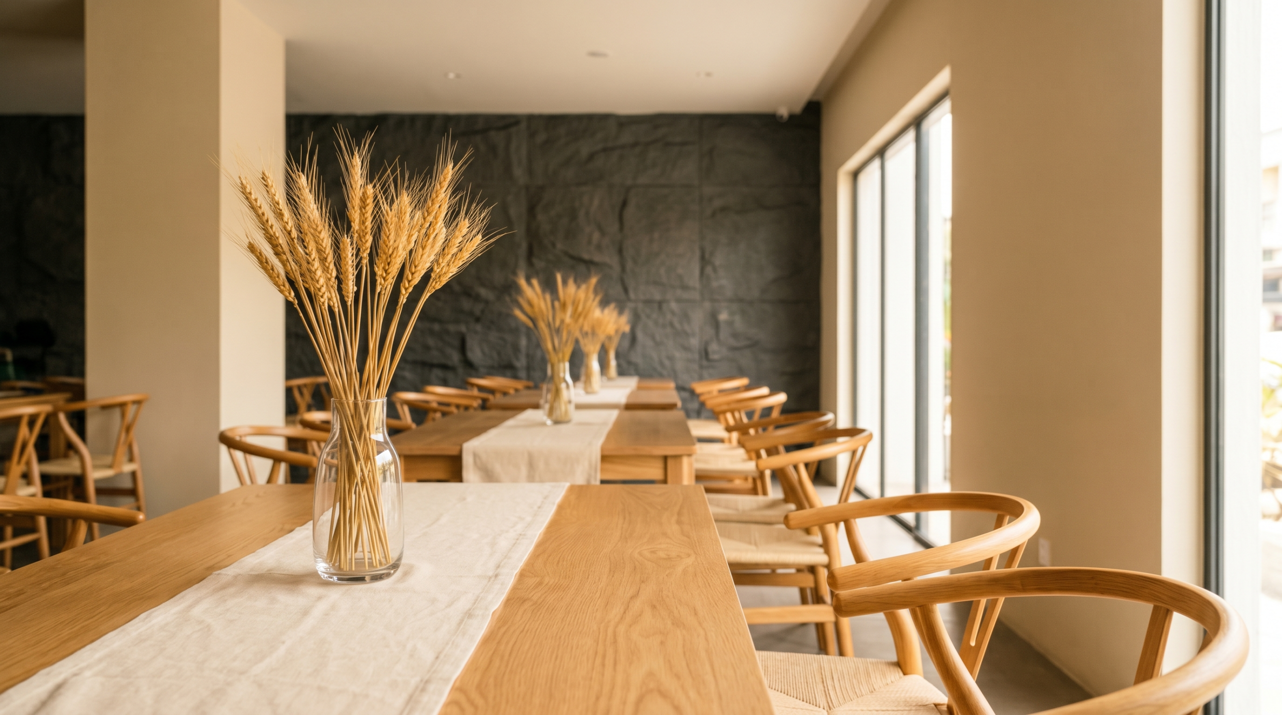 Hakshan dining room with light oak tables, wishbone chairs, dried wheat sprays in vases, and large daylit windows